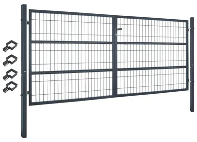 Obrázok produktu pre Záhradná brána Brána záhradný plot plot 300x140 cm dvojkrídlová kovová záhradná brána pre plot z pletiva Uzamykateľná vrátane stĺpika Sivá V2Aox