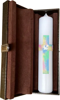 Produktbild von Set Taufkerze Kreuz Bunt mit Taube 265 x Ø 50 mm mit Namensverzierung und Geschenketui
