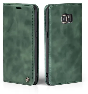 A green flip cover phone case for a Samsung Galaxy S7 edge is shown from two angles.