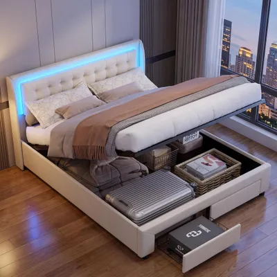 Produktbild von INONEFT hydraulisches bett 180 × 200 cm, polsterbett, Doppelbett mit 2 Schubladen, Erwachsenenbett mit LED und Lattenrost, Samt, beige, ohne Matratze