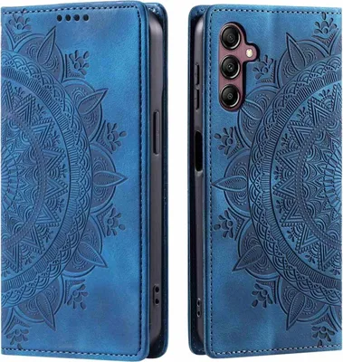 A blue flip case for a Samsung Galaxy S25 phone with a mandala pattern embossed on it.