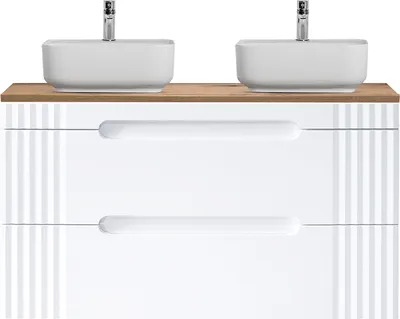 Produktbild von Waschtischunterschrank 120cm mit 2 Aufsatzwaschbecken FAIRFIELD-56 weiß mit Eiche Nb., B/H/T ca. 120,4/78,5/46 cm