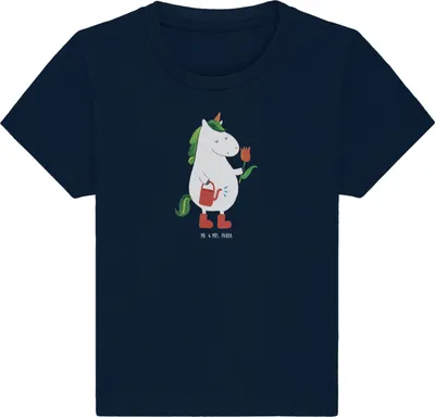 Produktbild von Mr. & Mrs. Panda Babyshirt Einhorn Gärtner 12. - 18. Monat - French Navy - Geschenk, Giesskanne,  T-Shirt, Unicorn, Organic Baby Shirt, Einhörner, Top, Oberteil, Blume