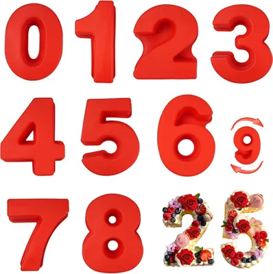 Produktbild von 9 Stück Kuchenform Zahlen Silikon Backform Backformen Set Zahlen Number Cake Backform Zahlenbackform Groß für Geburtstag Party Kuchen Keksen Pralinen (Rot)