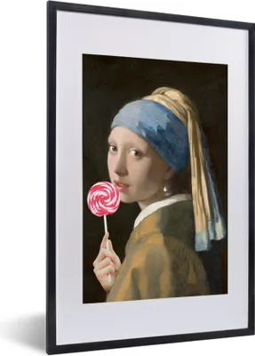 Produktbild von MuchoWow® MuchoWow® Gerahmtes Poster Mädchen mit Perlenohrring - Johannes Vermeer - Lollipop - Rosa 40x60 cm - Poster mit zchwarzem Bilderrahmen - Poster in Rahmen
