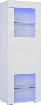 Produktbild von okwish Vitrine Highboard mit Hochglanzoberfläche,Lagerschrank mit zwei Hartglasplatten,Highboard Hochschrank mit LED-Beleuchtung,Weiß