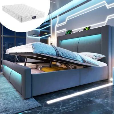 Produktbild von Polsterbett mit Stauraum, hydraulischem Lift, App-gesteuerter LED-Beleuchtung, USB & Type-C-Anschlüssen, samtigem Kopfteil,mit Matratze, Grau, 140x200 cm