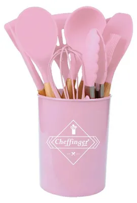 Produktbild von 12-tlg Küchenhelfer Kochbesteck Set Kochgeschirr Silikon Holzgriff Pink