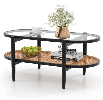 Image de Table basse COSTWAY, table d'appoint avec plateau en verre et étagère en rotin, table de salon avec pieds et structure en bois, table basse, 102 x 56 x 47 cm, noir