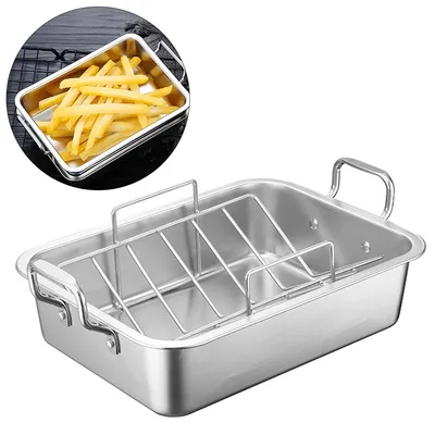 Produktbild von Edelstahl Bräter mit Rost 40x30x10 cm – Rechteckiger Backofen-Auflaufform für Truthahn, Hähnchen, Gemüse, Lasagne und Rippchen