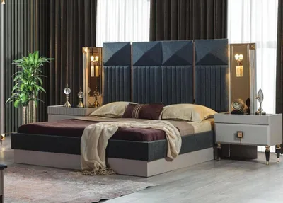 Produktbild von Moderne Schlafzimmer Möbel Designer Graues Bett 2x Holz Nachttische 3tlg