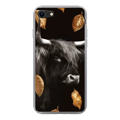 Produktbild von MuchoWow® Handyhülle Schutzhülle Hülle für iPhone SE 2020 Schottischer Highlander - Blätter - Gold - Schwarz Silikon Softcase Handy Hülle - Kartenbesitzer