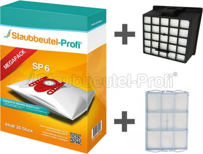 A collage of vacuum cleaner bags and filters, with a box of vacuum cleaner bags prominently displayed on the left.