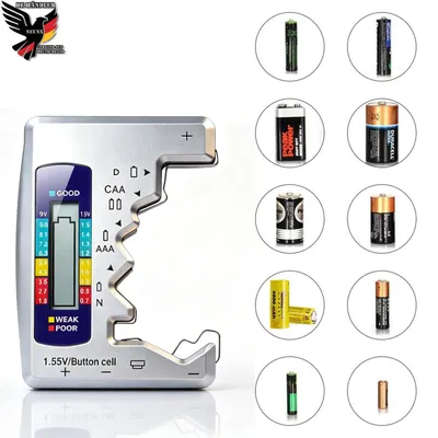 Produktbild von Digitaler Batterietester mit LCD‑Display, ohne eigene Stromversorgung, für AA AAA C D N Knopfbatterien 1,5V und 9V Blockbatterie Silber