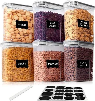 Produktbild von Vorratsdosen-Set 2,5 Liter, Müsli, Großpackung und Vorratsdosen, BPA-frei, Kunststoff, luftdicht, 6er-Set + 24 Etiketten für Getreide, Mehl, Zucker etc. (zwischen)