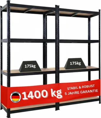 Produktbild von Mega Deal 2x Kellerregal GORILLA | HxBxT 160x80x40cm | Fachlast 175kg | Schwarz | Garagenregal Schwerlastregal Werkstattregal Lagerregal Steckregal