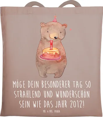 Produktbild von Mr. & Mrs. Panda Tote Bag 2012 Geburtstag - Braun Pastell - Geschenk, Happy Birthday, Alles gut zum, Geburtstagsgeschenk, Schultasche, Beutel, Freude, Stoffbeutel, Tasche