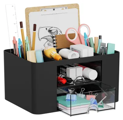 Schreibtisch-Organizer mit 7 Fächern, 2 Schubladen, Schwarz