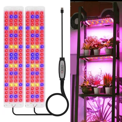 A collage showing two LED grow light panels and a shelving unit with plants under grow lights.