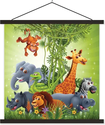 Produktbild von MuchoWow® Textilposter Dschungeltiere - Pflanzen - Kinder - Elefant - Giraffe - Löwe 120x120 cm mit schwarzem Rahmen - Aufhängungsset
