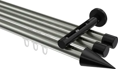 Produktbild von Interdeco Innenlaufstange / Gardinenstange mit Innenlauf Edelstahl-Optik / Schwarz, Typ Siteno Savio (Kegel), 20 mm Ø 3-läufig, 220 cm