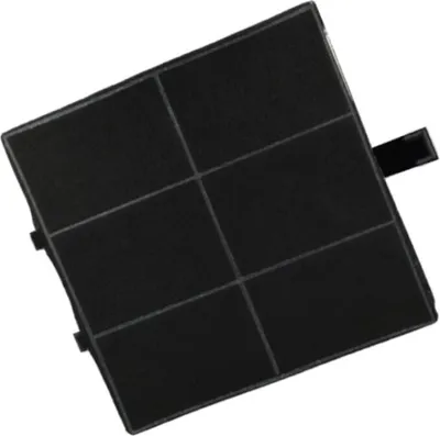 A black activated carbon filter for a range hood, shown at an angle on a white background.