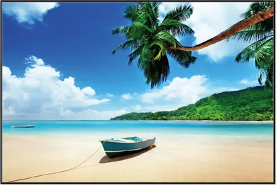 Produktbild von Wallario Wandbild Urlaub am Palmenstrand unter Palmen mit Fischerboot, Größe: 61 x 91,50 cm, Poster mit schwarzem Aluminiumrahmen
