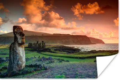 Produktbild von MuchoWow® Poster Einsame Moai-Statue vor orangefarbenem Himmel in Chile 180x120 cm - Fotoplakat