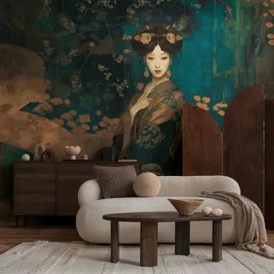 Produktbild von Moderne Motivtapete mit asiatischem Frauenportrait im kunstvollen Vintage Stil matt & glatt - Kupfer