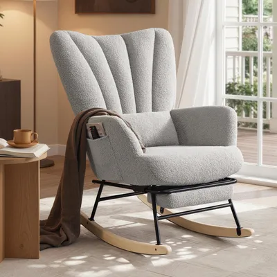 Produktbild von SONGMICS Schaukelstuhl mit ausziehbarer Fußstütze, Schaukelsessel, Holzbeine, Kissen, für Wohnzimmer, Fleece, grau