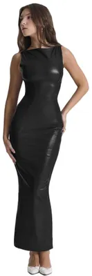 Productafbeelding van XLLAIS damesmaxi-jurk van kunstleer, aansluitende pasvorm, y bateau-halslijn, tanktopmodel