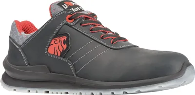 A single black safety shoe with red accents is shown against a white background.