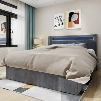 Produktbild von Sweiko Modern Minimalist Upholstered Bed with Soft LED-Integrated Headboard, 140x200 cm, Grey, Multifunctional Bedroom Furniture, High-Profile Storage Base with Gas Lift Mechanism, Mattress Not Included.
