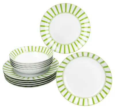 Obrázek produktu pro 12dílný jídelní servis Split green stripes porcelánový talíř polévkový talíř pruhovaný
