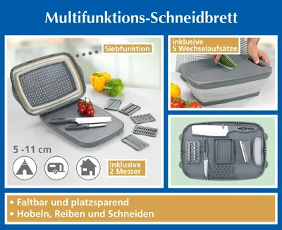 Produktbild von Multifunktions Küchenhelfer 10 in1 Schneidbrett Korb Sieb 5 Hobel-/Reibeeinsätze