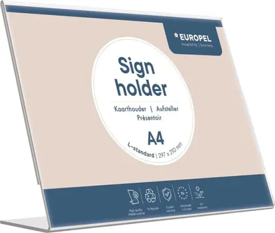 Obrázek produktu pro Europel 350001, Držák cedule, A4, Akrylový, Průhledná, Vodorovný, 300 mm