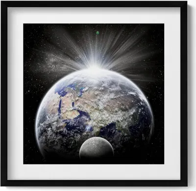 Produktbild von Ansicht der Erde und des Mondes– Wandbild mit Rahmen – Gerahmtes Bild  – Wanddekoration – 50x50 cm –  Schwarz Rahmen