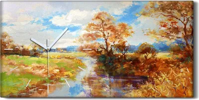 Produktbild von Wandbild Leinwand Bilder mit Uhr 60x30 Malerei Bäume Fluss Himmel Wolken - weiße Hände