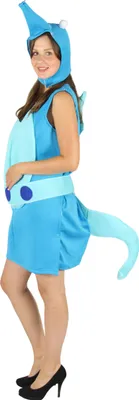 A woman is wearing a blue and light blue seahorse costume.