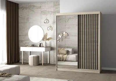Produktbild von Easy4You Lami V Sonoma Schiebetürenschrank Kleiderschrank 150x200x61 cm mit Spiegel - Schlafzimmermöbel, Aufbewahrung – Mehrzweckschrank mit Kleiderstange und Lamellen
