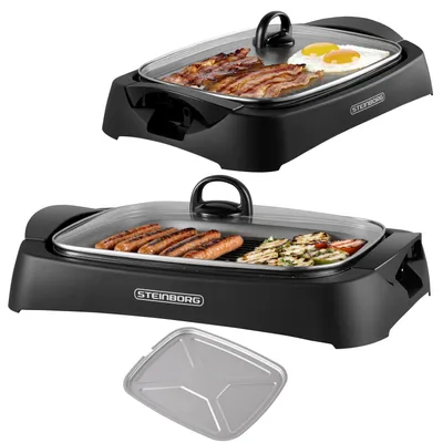 Produktbild von Steinborg Elektrischer Tischgrill mit Antihaftplatte – Kontaktgrill 300 x 399 mm, Grillplatte mit Temperaturregelung, Fettauffangschale, Abnehmbare Grillplatte für Küche, Balkon und Indoor Grillen