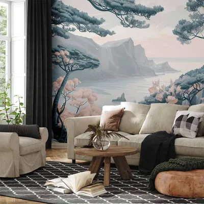 Produktbild von Vlies Fototapete - Mountainous Coast with Trees and Rocks in Light Pastel Blues 150x105 cm Landschaften c-H-10045-a-a