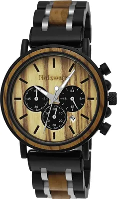 Produktbild von Holzwerk BOCHOLT Herren Holz & Edelstahl Chronograph Uhr mit Datum schwarz beige