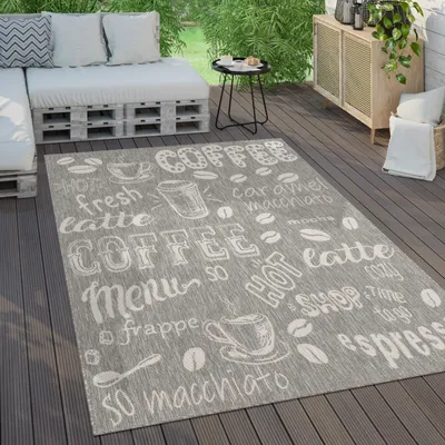 Produktbild von Outdoor Teppich Wetterfest Balkon Küche Modernes Muster Mit Schriftzug Grösse 240x340 cm