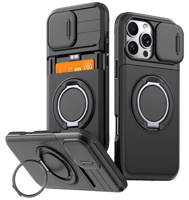 Obrázek produktu pro Pouzdro pro iPhone 16 Pro Max, Přihrádkou na karty, posuvným krytem fotoaparátu, kroužkovým stojánkem Černá