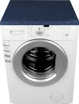 A front view of a white washing machine with a blue cover on top.