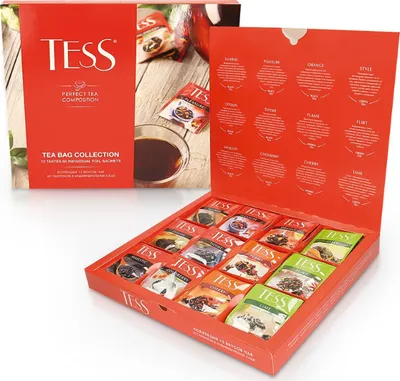 Produktbild von Mischung aus Tees, aromatisierten Tees und Früchtetees "Tess", 12 Sorten in Teebeuteln 60 Beutel