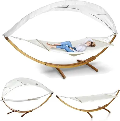 Produktbild von Hängematten mit Gestell, Hängematte Outdoor für 2 Personen, Hängesessel mit Gestell und Dach, Bequemer Stoff, Hängemattengestell Holz, Belastbarkeit 200kg, Doppelhängematte für Garten, Pool
