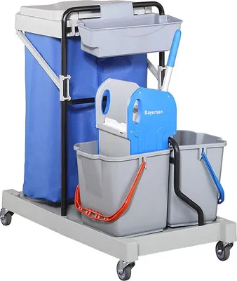 Produktbild von CleanSV® BAY Servicewagen, Reinigungswagen. 2 x 16 Liter Eimer mit Abfallsammler Mülltrennung, 1 x 6 L. Eimer, Moppresse