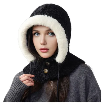 Produktbild von Wintermütze, elastische Patchwork-Farbmütze, Thermomütze mit verstellbarem Kordelzug und Knopfverschluss, warme Mütze für Outdoor-Aktivitäten bei kaltem Wetter